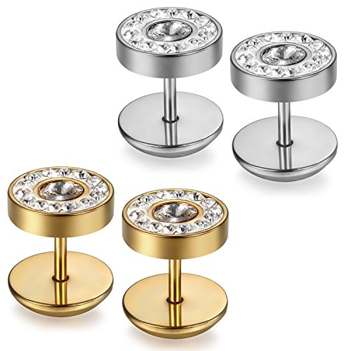 JewelryWe Schmuck 2 Paare Herren Damen Ohrringe, 10mm Klassiker Runde Tunnel Plug Screw Ohrstecker Ohrschmuck, Edelstahl Strass, Silber Gold von JewelryWe