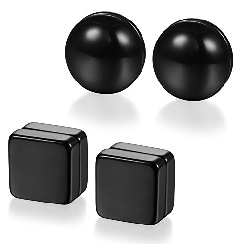 JewelryWe Schmuck 2 Paare Herren Damen Ohrringe, 8MM Quadrat Rund Magnet Fake-Plugs Fake-Piercing Ohrstecker Tunnel Plug Ohne Loch Magnetisch Ohr-Clips, Edelstahl, Schwarz von JewelryWe