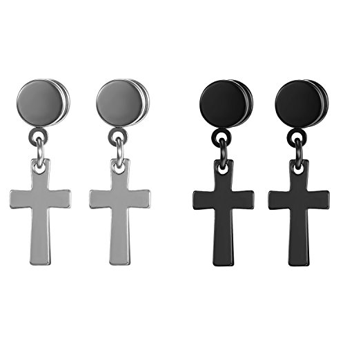 JewelryWe Kreuz Ohrstecker Tunnel Ohrringe: 2 Paare Herren Damen Edelstahl Kreis Runde Fake Ohr Plugs Ohrstecker Ohrhänger mit klassischem Kreuz Anhänger Schraube Helix Tragus Piercings Schwarz Silber von JewelryWe