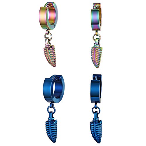 JewelryWe Feder Ohrringe Creolen Edelstahl: 2 Paar Herren Damen Huggie Klappcreolen Ohr Manschette Ohrstecker Ohrhänger mit Feder Blatt Laub Anhänger Hängende Ohrringe Unisex Bunt Blau von JewelryWe