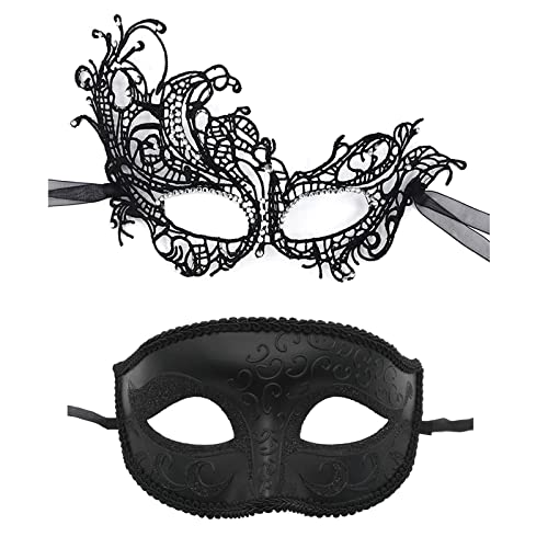 JewelryWe Schmuck 2 Stück Venezianische Maske Paar Spitze Maskerade Maske Augenmaske Spitzenmaske Gesicht Kostüm für Halloween Karneval Party Cosplay Schwarz von JewelryWe