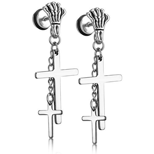 JewelryWe Schmuck 2 Stückes Punk Rock Stil Herren Damen Skeletthand Handknochen Doppel Kreuz Edelstahl Ohrringe Ohrhänger Ohrschmuck, Farbe Silber, mit Geschenk Tüte von JewelryWe