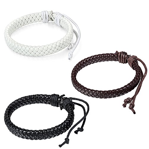 JewelryWe Schmuck 2 Unisex Lederarmband, Geflochten Leder Armband Armreif, für Herren Damen, Schwarz Braun, mit Geschenk Tüte von JewelryWe