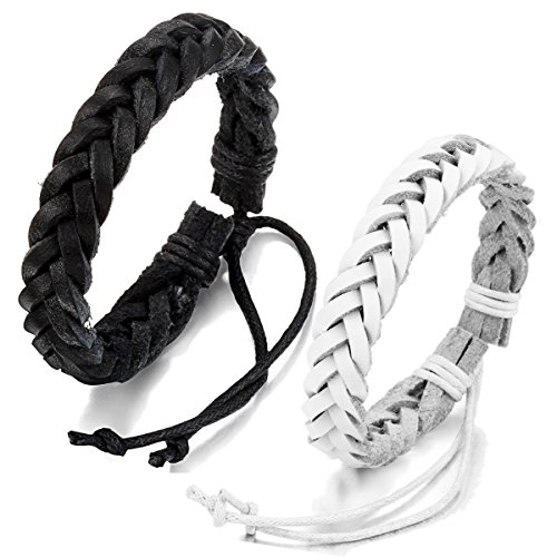 JewelryWe Schmuck 2 geflochten Leder Armbänder, Lederarmband Lederkette Armreif für Damen Herren Unisex, Schwarz Weiss 17-25cm Verstellbar, mit Geschenk Tüte von JewelryWe