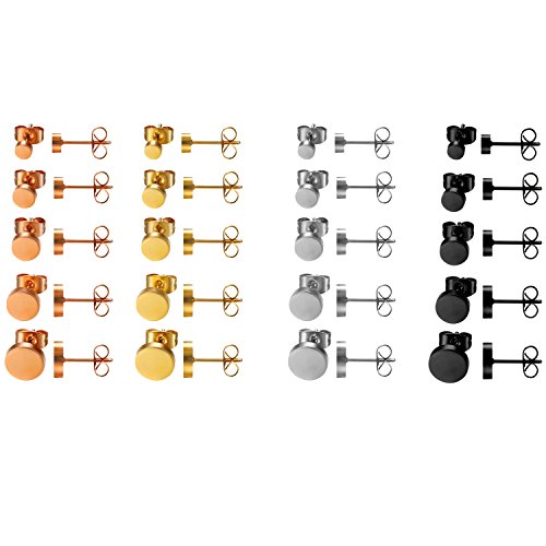 JewelryWe Schmuck 20 Paare Ohrstecker Set, Edelstahl flache runde poliert Ohrringe Ohr-Schmuck für Damen & Herren, Silber Gold Rosegold Schwarz, Durchmesser 4,5,6,7,8mm von JewelryWe