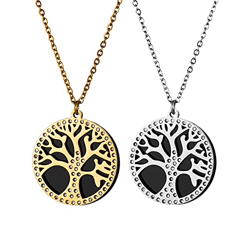 JewelryWe Schmuck 2PCS Damen Halskette Lebensbaum Kette mit Gravur, Edelstahl Baum Des Lebens Anhänger mit Zirkonia Silber Gold Geschenk von JewelryWe