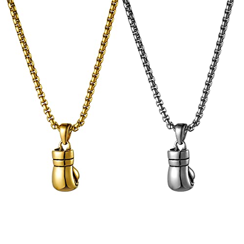 JewelryWe Schmuck 2PCS Herren Halskette mit Edelstahl Boxhandschuhe Anhänger & Weizenkette Silber Gold von JewelryWe