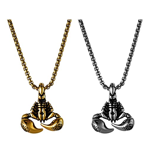 JewelryWe Schmuck 2PCS Herren Halskette mit Skorpion Anhänger & Edelstahl Weizenkette Gold Silber Hip hop Biker von JewelryWe