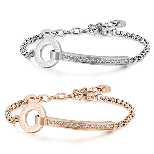 JewelryWe Schmuck 2PCS Forever Love Schrift mit Lasergravur Damen Armband mit Zirkonia Edelstahl Armkette Verstellbar Charm Armkettchen Armreif, Rosegold Silber von JewelryWe
