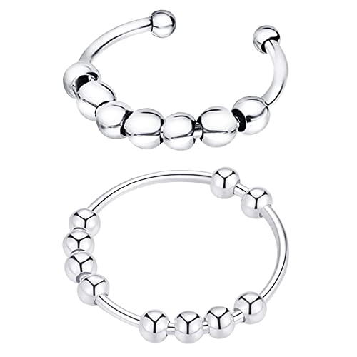 JewelryWe Schmuck 2pcs Angst Spinning Ringe Frauen 925 Sterling Silber Fidget Spinner Ring mit Perlen Anti-Angst Dünne Stapelbare Offene Fingerringe Einstellbare Band Größe 62 von JewelryWe
