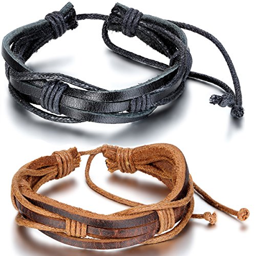 JewelryWe Schmuck 2pcs Armband, Leder Baumwollseil, Vintage Geflochten Tribal Surfer Armreif für Herren & Damen, Verstellbaren Größen Passend für 19-27cm, Schwarz Braun von JewelryWe