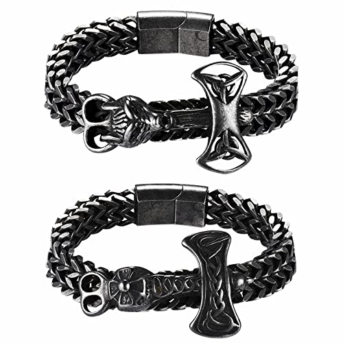 JewelryWe Schmuck 2pcs Armband Herren Edelstahl Wikinger Biker Wolf Kopf Kreuz Keltische Knoten Thors Hammer Franco Link Panzerkette Große Schwere Armkette Armreif, Silber von JewelryWe