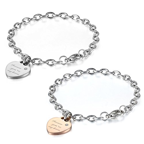 JewelryWe Schmuck 2pcs Damen Armband Edelstahl Elegant Forever You're My Lover Gravur Herz Rolo Kette Charm Charme Armreif Armkette Geschenk Silber Rose Gold von JewelryWe