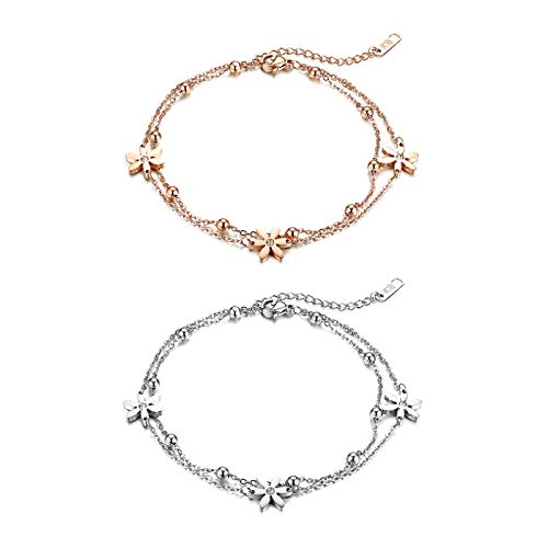 JewelryWe Schmuck 2pcs Damen Armband Fußkettchen Edelstahl Blume Kugel Charmsarmband Armkette Fußkette verstellbar Rosegold Silber von JewelryWe