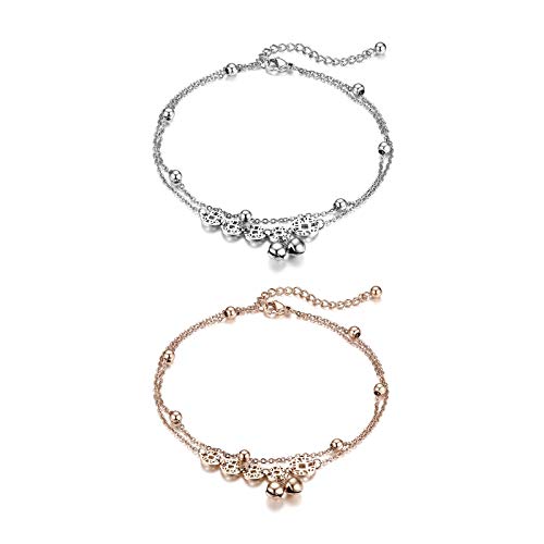 JewelryWe Schmuck 2pcs Damen Armband Fußkettchen Edelstahl Chinesische Münzen Reichtum Glöckchen Kugel Charmsarmband Armkette Fußkette verstellbar Rosegold Silber von JewelryWe