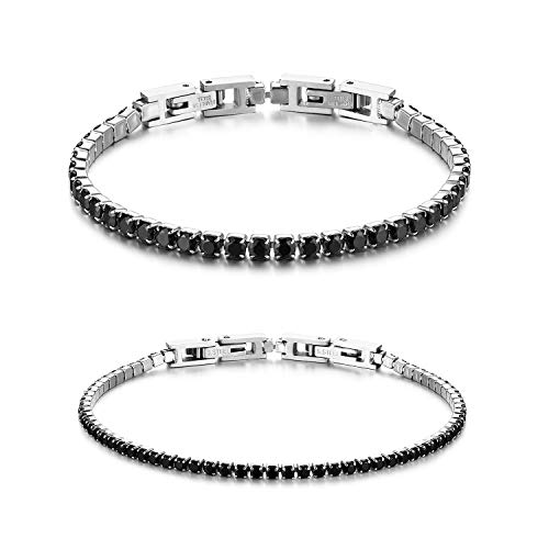 JewelryWe Schmuck 2pcs Damen Armband Fußkettchen Edelstahl Zirkonia Tennisarmband Armktte Fußkette abnehmbar Partnerarmband Freundschaftsarmband Pärchen Armreifen Schwarz von JewelryWe