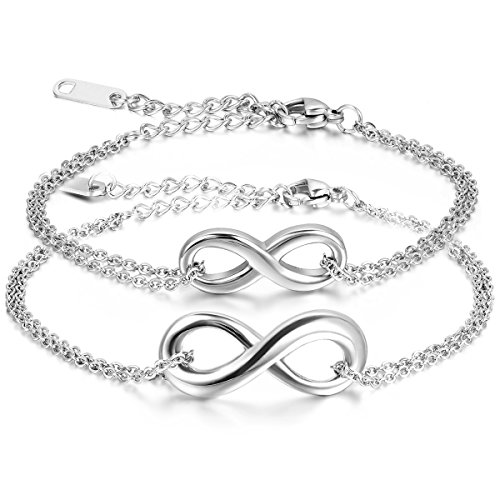 JewelryWe Unendlichkeitszeichen Armband Damen Fußkette: 2pcs Edelstahl Lieben Infinity Unendlichkeit Zeichen Charm Armkette Fußkettchen Armreif mit Gravur Geschenk für Frauen Mädchen Silber von JewelryWe