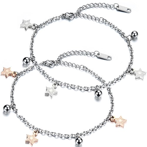 JewelryWe Schmuck 2pcs Damen Armband Fußkette, Pentagramm Stern Glöckchen Charm Fußkettchen, Edelstahl, Silber Rose Gold von JewelryWe