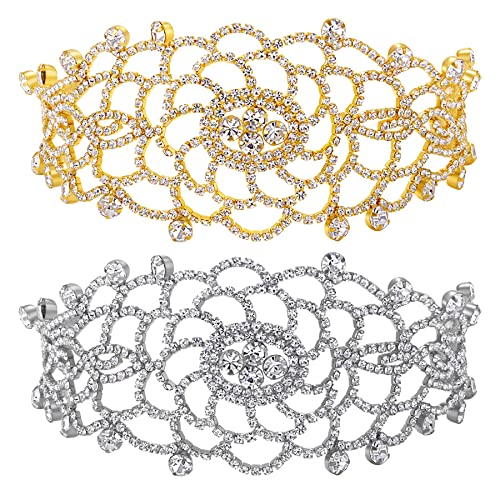 JewelryWe Schmuck 2pcs Damen Choker Halskette Set Elegant funkelnde Strass Blumen Braut Hochzeit Kette Kragen Halsband Geschenke für Frau Mädchen Silber Gold von JewelryWe