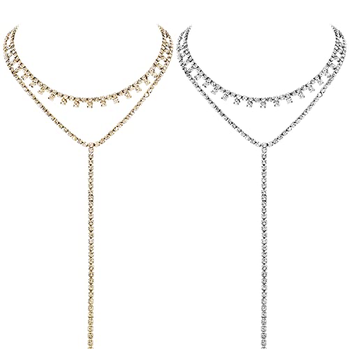 JewelryWe Glitzer Choker Halskette Damen: 2pcs Multi Reihen Strass Y Form Geschichtete Choker Halsband Mehrschichtige Lange Kette mit Anhänger Luxus Party Schmuck Geschenk für Frauen Mädchen von JewelryWe