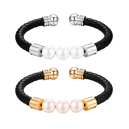 JewelryWe Schmuck 2pcs Damen Lederarmband, Elegant Süßwasserperlen Charm offen Armband Armreif, Echtleder Leder Edelstahl, Gold Silber Schwarz von JewelryWe