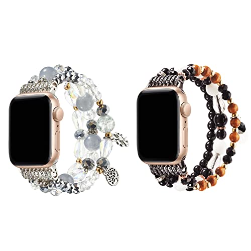 JewelryWe Schmuck 2pcs Damen Perlenarmband Ersatzarmband Kompatibel mit Apple Watch 38mm 40mm 41mm Armband für Apple Watch SE/iWatch Series 7/6/5/4/3/2/1, Kugel Beads Charm Armband Schwarz/Lebensbaum von JewelryWe