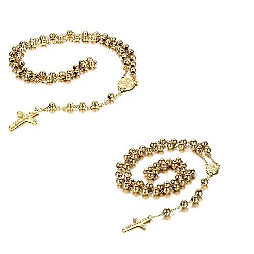 JewelryWe Schmuck 2pcs Edelstahl Anhänger Halskette Gold Jesus Christ Kruzifix Kreuz Rosenkranz Jahrgang 30.7/36.6 Zoll Kette Herren,Damen (Ostern Geschenk) von JewelryWe