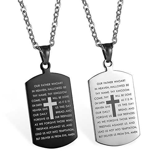 JewelryWe Herren Halskette Kreuz Erkennungsmarke: 2pcs Edelstahl Englisch Bibel Herr Gebet Kruzifix Kreuz Vaterunser Dog Tag Hundemarke Anhänger mit 55cm Kette Schwarz Silber, kostenlos Gravur von JewelryWe