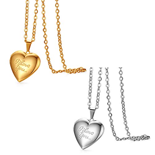 JewelryWe Schmuck 2pcs Edelstahl Foto Medaillon zum Öffnen Photo Bilder Amulett Silber/Gold love you Herzanhänger Halskette Kette mit Anhänger für Damen Mädchen - Kostenlose Gravur von JewelryWe