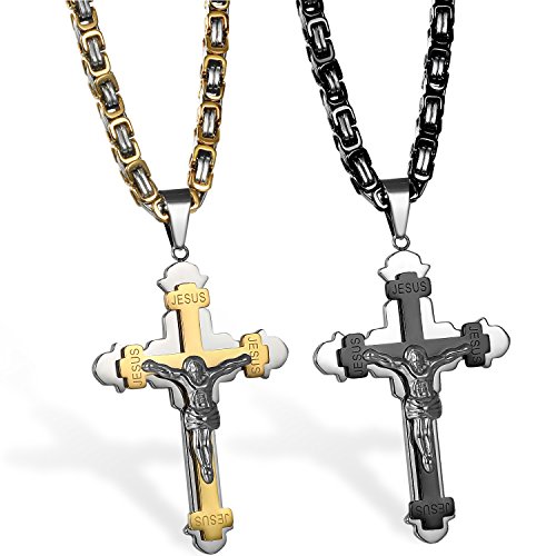 JewelryWe Schmuck 2pcs Edelstahl Jesus Christus Kruzifix Kreuz Anhänger mit 55cm Kette, Halskette für Herren und Damen, Gold Schwarz Silber von JewelryWe