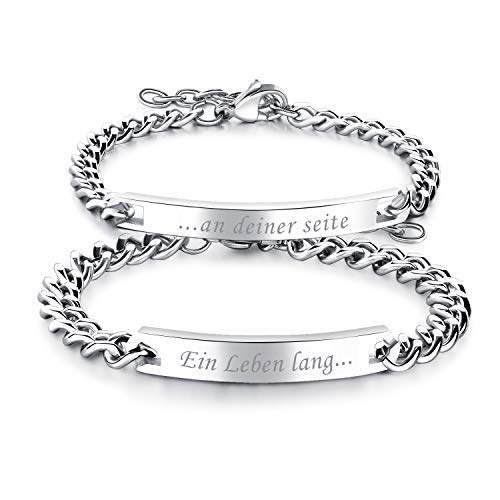 JewelryWe Schmuck 2pcs Partnerarmband Freudschaftsarmband Valentinstag Paar Geschenk, Edelstahl Panzerkette Armband Pärchen Armreifen mit Gravur EIN Leben Lang und an Deiner Seite für Herren Damen von JewelryWe