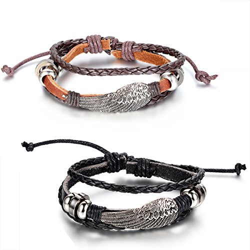 JewelryWe Schmuck 2pcs Engel Flügel Beads Ringe Legierung Leder Armband, Geflochten Herren Damen Lederarmband Armreif, 19,5cm-25,5cm Verstellbare Größe, Schwarz Braun Silber von JewelryWe