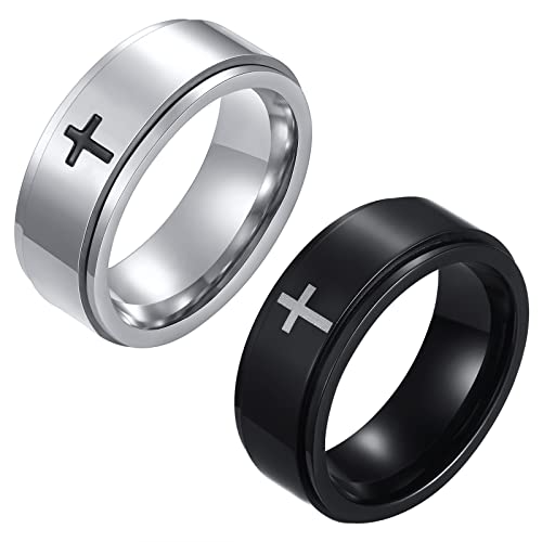 JewelryWe Schmuck 2pcs Fidget Angst Ringe Herren Edelstahl Kreuz Anti-Angst Spinner Ring Drehringe Roller Bandringe Stressabbauende Band Gravur Schwarz Silber Größe 59 von JewelryWe