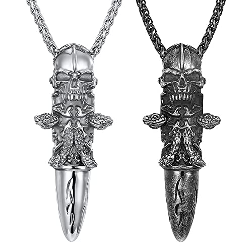 JewelryWe Schmuck 2pcs Halskette Herren Retro Gotik Totenkopf Schädel Schlange Patronenhülse Gewehrkugel Kugel Edelstahl Anhänger mit Kette Geschenk für Männer Schwarz Silber von JewelryWe