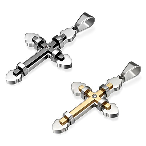 JewelryWe Schmuck 2pcs Herren Anhänger Halskette Edelstahl Zirkonia Kreuz Kreuzanhänger mit 65cm königskette Kette Gold Schwarz Silber von JewelryWe