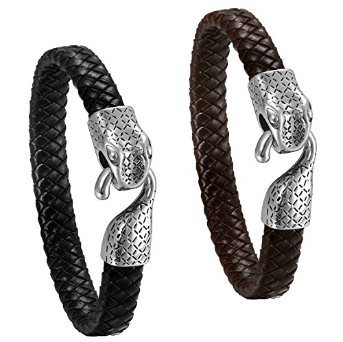 JewelryWe Schmuck 2pcs Herren Armbänder Set, Gotik Edelstahl Schlange geflochten Leder Armband Armreif Geschenke für Männer, Schwarz Braun Silber von JewelryWe