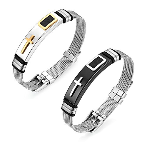 JewelryWe Schmuck 2pcs Herren Armband, Klassisch Kreuz Mesh Kette Armreif, Edelstahl Gummi Kautschuk, verstellbare Größe, Schwarz Gold Silber, Kostenlose Gravur von JewelryWe