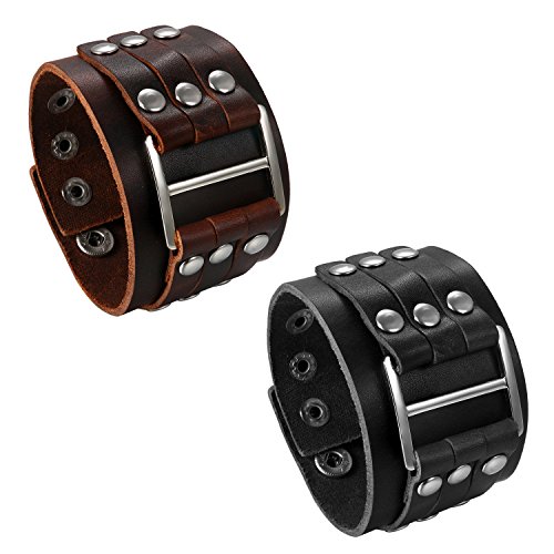 JewelryWe Schmuck 2pcs Herren Armband, Punk Rock Biker Nieten Rivet breit Leder Echtleder Armband Armreif Manschette verstellbaren 6.5-8.5 Zoll, schwarz/braun von JewelryWe