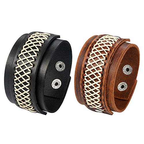 JewelryWe Schmuck 2pcs Herren Breit Lederarmband Retro Leder Seil geflochten Armreif Manschette Druckknopf Armband verstellbar Schwarz/Braun von JewelryWe