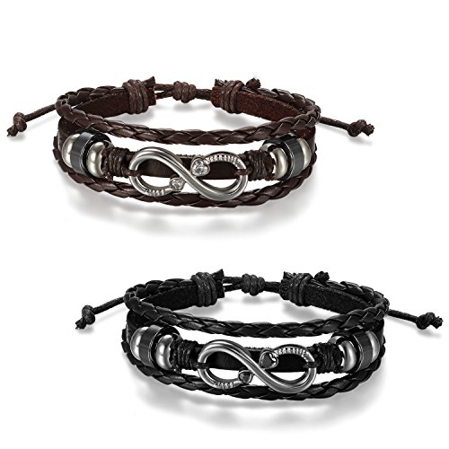 JewelryWe Schmuck 2pcs Herren Damen Armband, Infinity Unendlichkeit Herz Geflochten Charm Armreif, Edelstahl Legierung Leder Echtleder Zirkonia, Schwarz Braun Silber, Verstellbar Passend für 21~27cm von JewelryWe