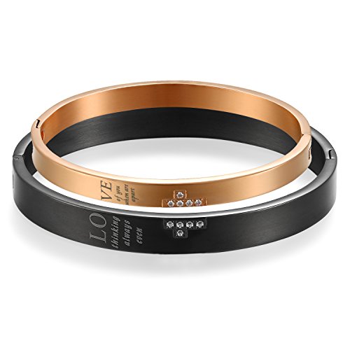 JewelryWe Valentinstag Schmuck 2pcs Herren Damen Pärchen Armreif Armband mit Gravur, Lieben Freundschaftsarmband Geschenke, Love Semi Kreuz Charm Paar Armspange, Edelstahl Zirkonia, Schwarz Rosegold von JewelryWe