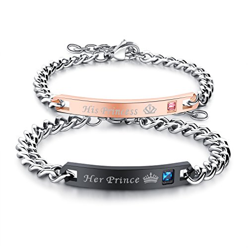 JewelryWe 2pcs Herren Damen Pärchen Armband, Lieben Freundschaftsarmband Valentinstag Paar Geschenk, His Princess & Her Prince Krone, Edelstahl Zirkonia, Schwarz Rosegold Silber, kostenlos Gravur von JewelryWe