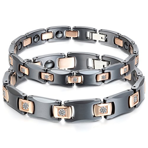 JewelryWe Valentinstag Schmuck 2pcs Herren Damen Armband, Lieben Freundschaftsarmband Geschenke, I Rechteckig Link Magnet Charm, Zirkonia Diamant Edelstahl Keramik, Rose Gold Schwarz von JewelryWe