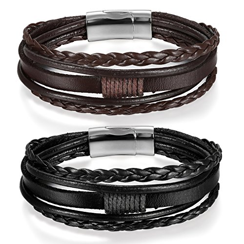 JewelryWe Schmuck 2pcs Herren Damen Armbänder Set, Multi-Layered Wickelarmband geflochten Leder Armband Armreif mit Magnetverschluss, Geschenke für Männer Schwarz Braun Silber von JewelryWe