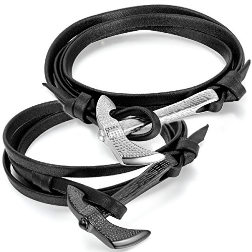 JewelryWe Schmuck 2pcs Herren Damen Armband, Retro Axt Charms Armreif, Leder Echtleder Edelstahl, Schwarz Silber von JewelryWe