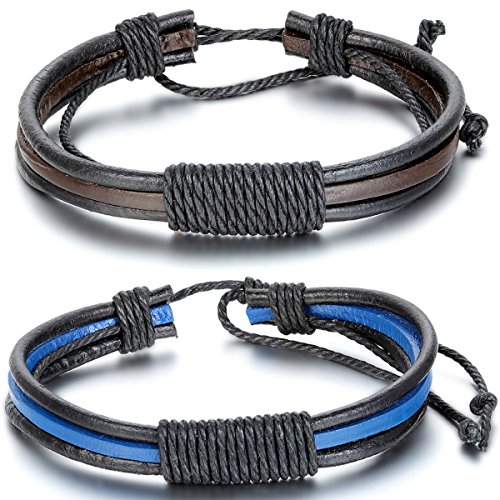 JewelryWe Schmuck 2pcs Herren Damen Armband, Surfer Geflochten Tribal Armreif, Verstellbaren Größen Passend für 20.5-28cm, Leder Baumwollseil, Schwarz Braun Blau von JewelryWe