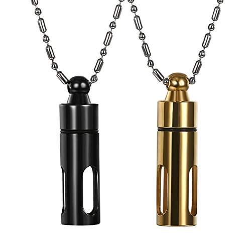 JewelryWe Schmuck 2pcs Herren Damen Halskette, Edelstahl Aschebehälter Memorial Asche Urne Aroma Diffusor Glas Flasche Parfüm Anhänger mit 55cm Kugel Kette, Gold/Schwarz von JewelryWe