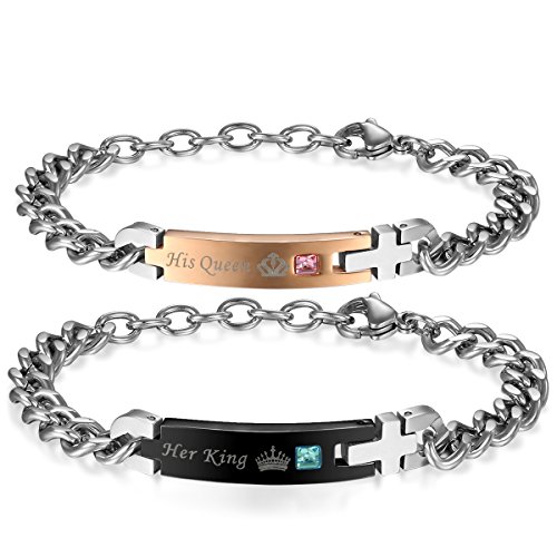 JewelryWe 2pcs Herren Damen Partner Paar Armband Freundschaftsarmband Lieben Valentinstag Pärchen Geschenk, Her King & His Queen, Edelstahl Strass, Schwarz Rosegold Silber, kostenlos Gravur von JewelryWe