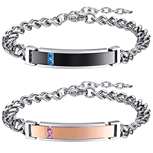 JewelryWe Personalisiert Paar Armband Partnerarmband: 2pcs Edelstahl Poliert Freundschaftsarmband Panzerkette Kubanische Kette Armreif mit Zirkonia Gravur Partner Schmuck Geschenk für Sie und Ihn von JewelryWe