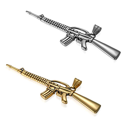 JewelryWe Schmuck 2pcs Herren Halskette, Edelstahl Armee Gewehr Pistole Waffe AK47 Anhänger mit 56cm Kette, Gold Silber von JewelryWe